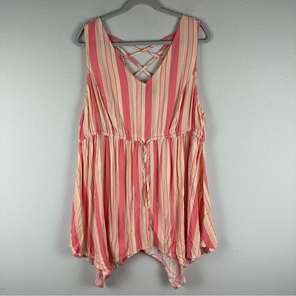 Torrid Pink Yellow Striped Babydoll Stretch Challis Hanky Hem Tank Top Size 2X